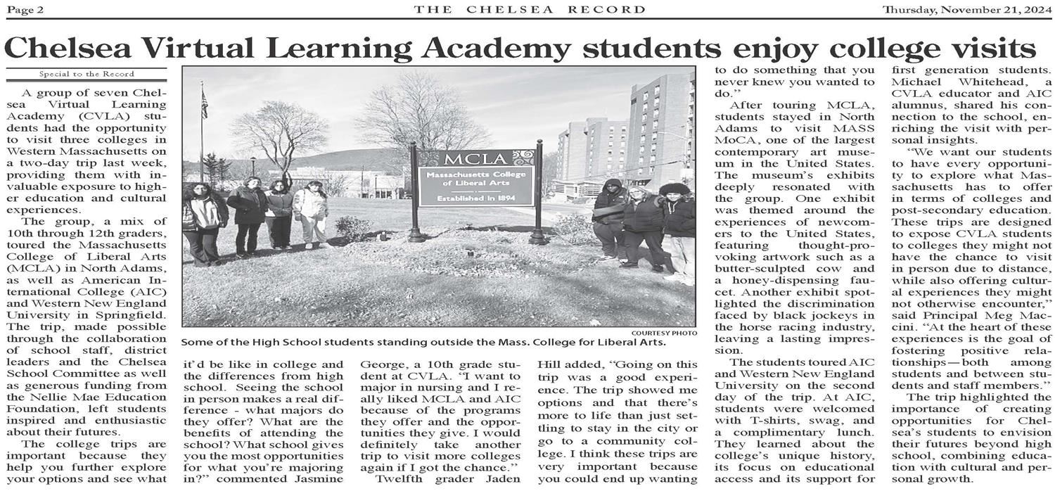 A screenshot of the article in the Chelsea Record about the Chelsea Virtual Learning Academy's field trip to tour colleges